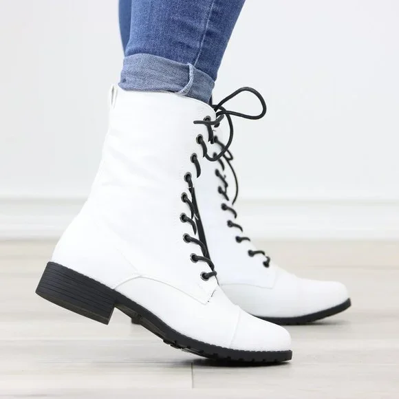 White Synthetic Leather Low Heel Round Toe Above Ankle Combat Boots - Picture 4 of 13